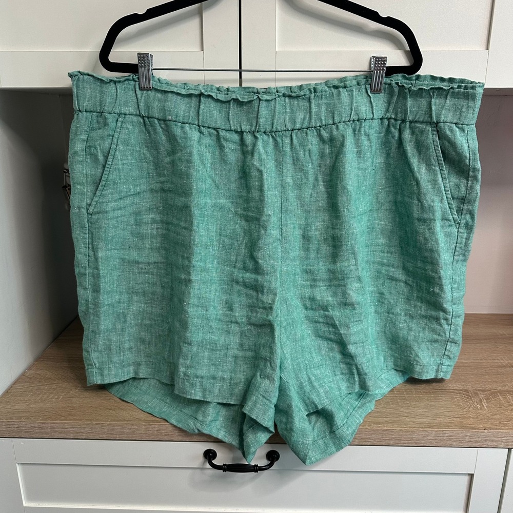 Talbots 100% Linen Shorts Womens 3X Green‎ Elastic Paperbag Waist Pockets Summer